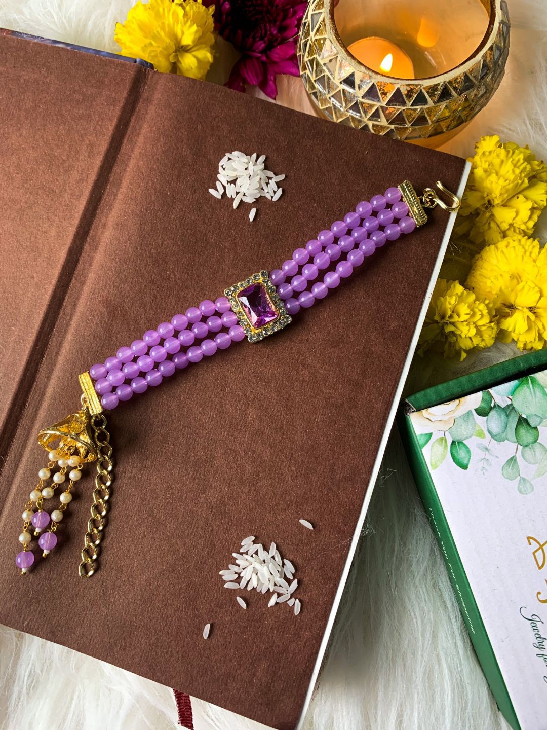 

I Jewels Stone-Studded & Pearl Beaded Rakhi With Chawal, Purple