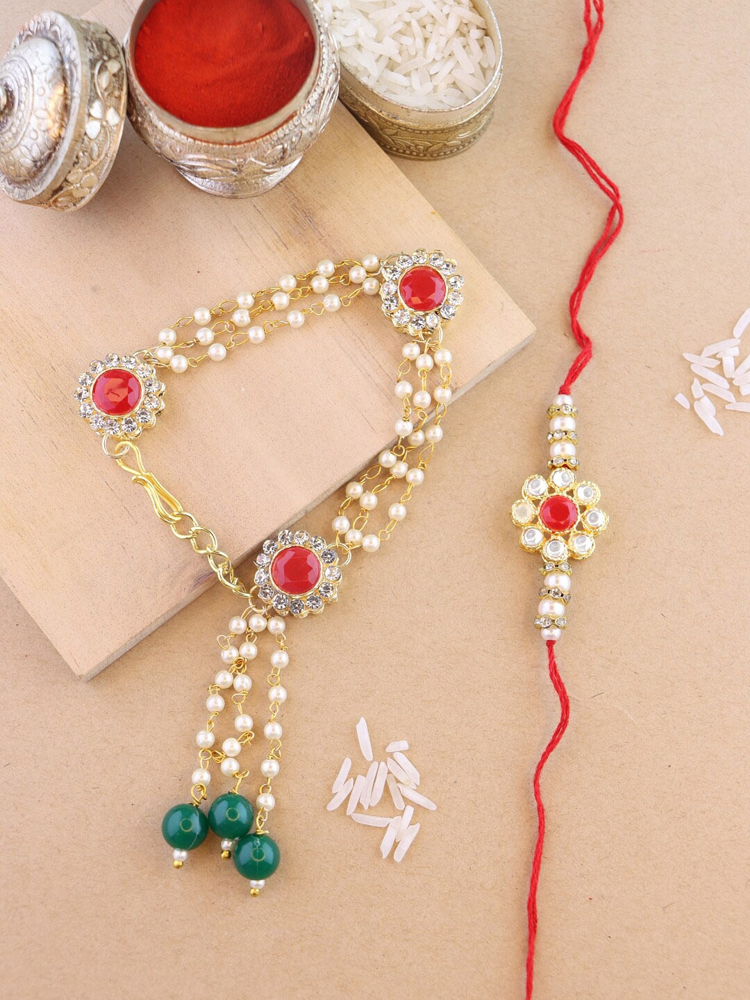 

I Jewels Set Of 2 Kundan-Studded & Beaded Rakhi, Red