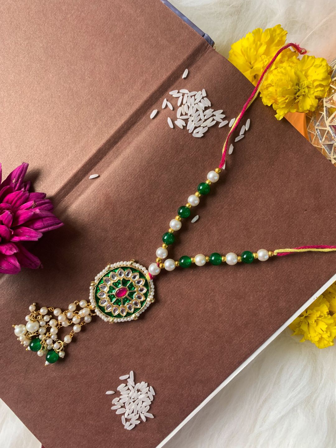 

I Jewels Women Kundan-Studded & Beaded Lumba Rakhi, Green