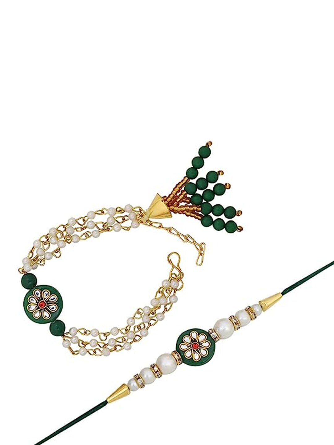 

I Jewels Set Of 2 Bhaiya Bhabhi Stone-Studded & Beaded Lumba Rakhi, Green