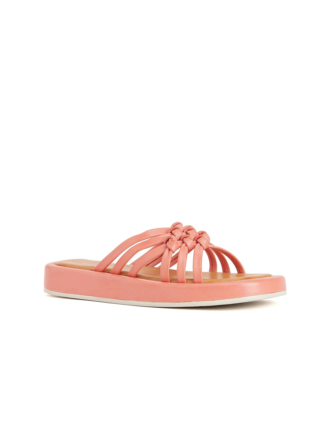

Peach Flores Knotted Straps Leather Open Toe Flats, Pink