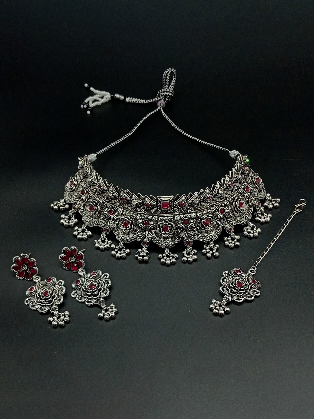 

AASHISH IMITATION Rhodium-Plated Kundan-Studded Jewellery Set With Maang Tikka, Silver