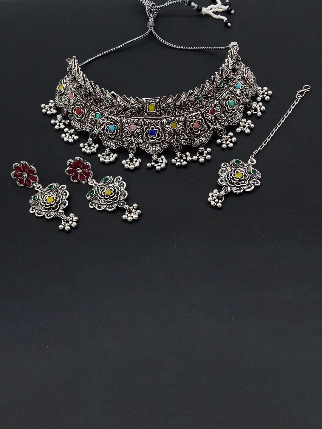 

AASHISH IMITATION Oxidised Silver-Plated Stone-Studded Jewellery Set