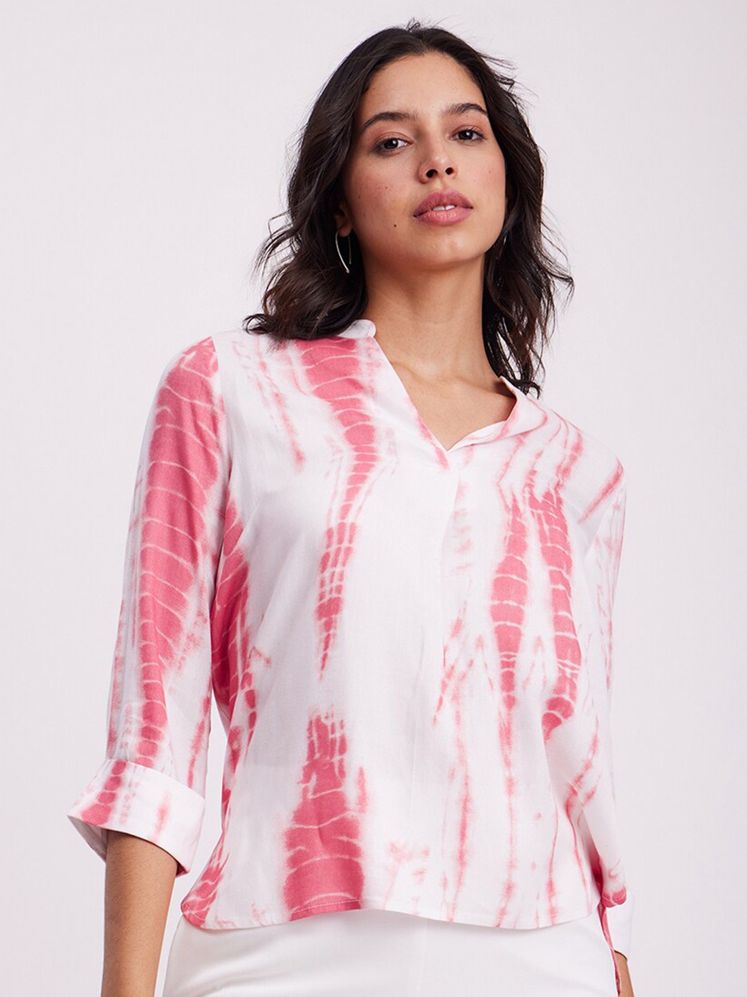 

FableStreet Tie and Dye Printed Mandarin Collar Shirt Style Top, White