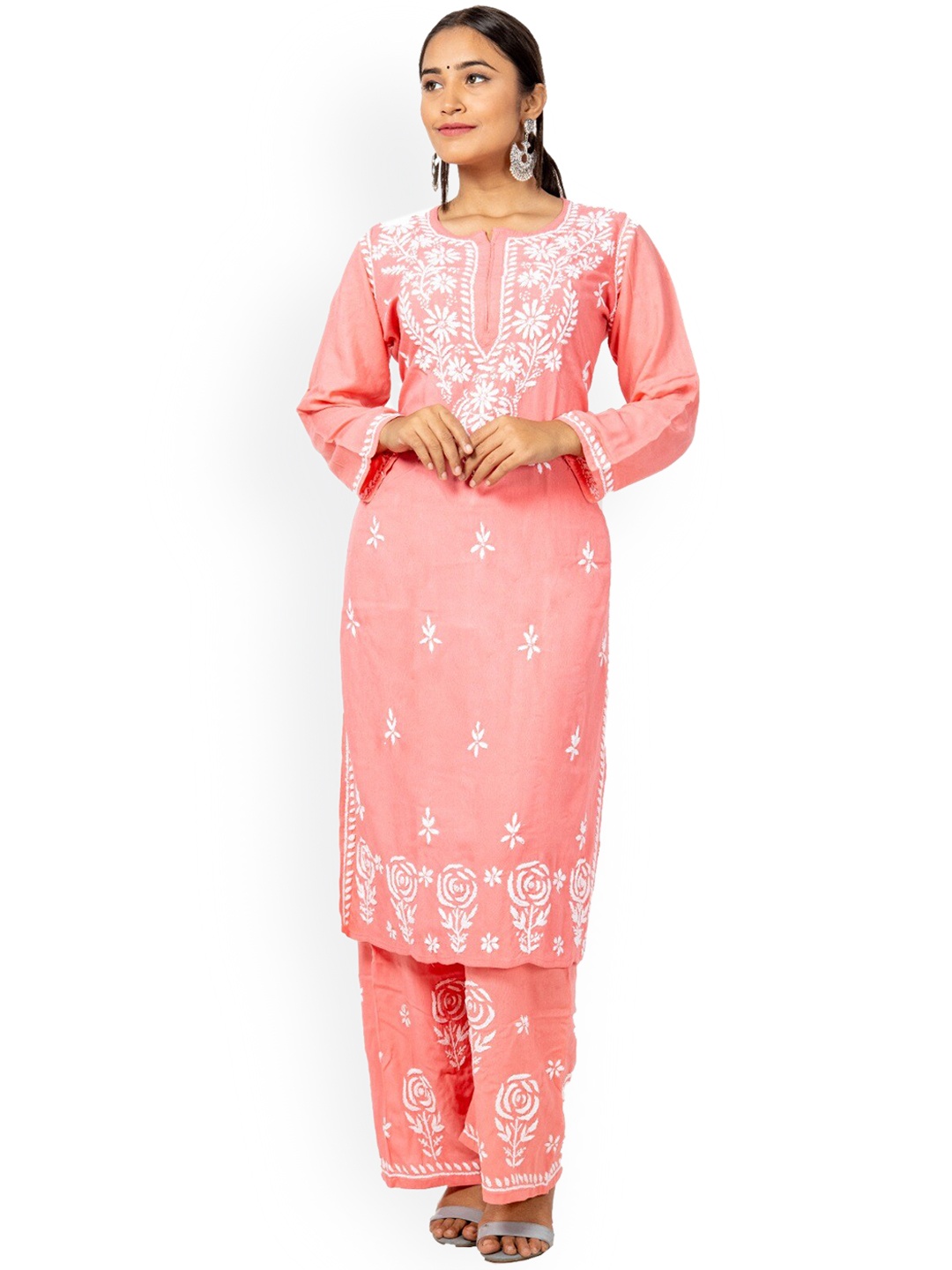 

FAWOMENT Floral Embroidered Chikankari Kurta With Palazzos, Peach