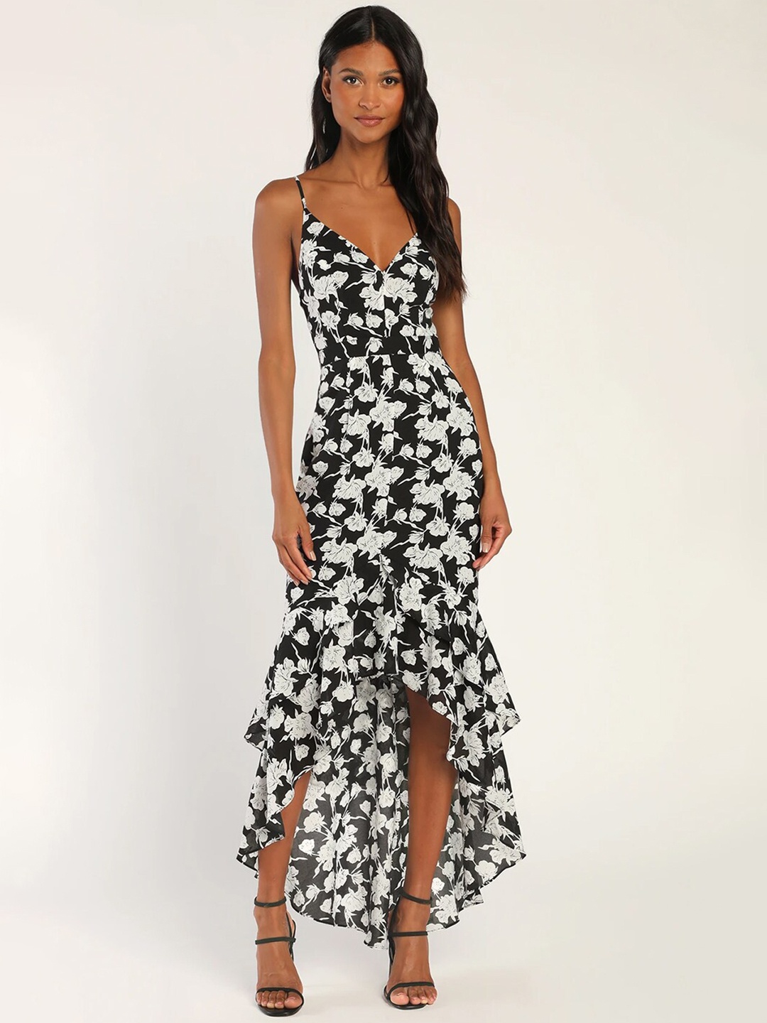 

La Aimee Floral Printed Shoulder Straps Ruffled Fit & Flare Dress, Black