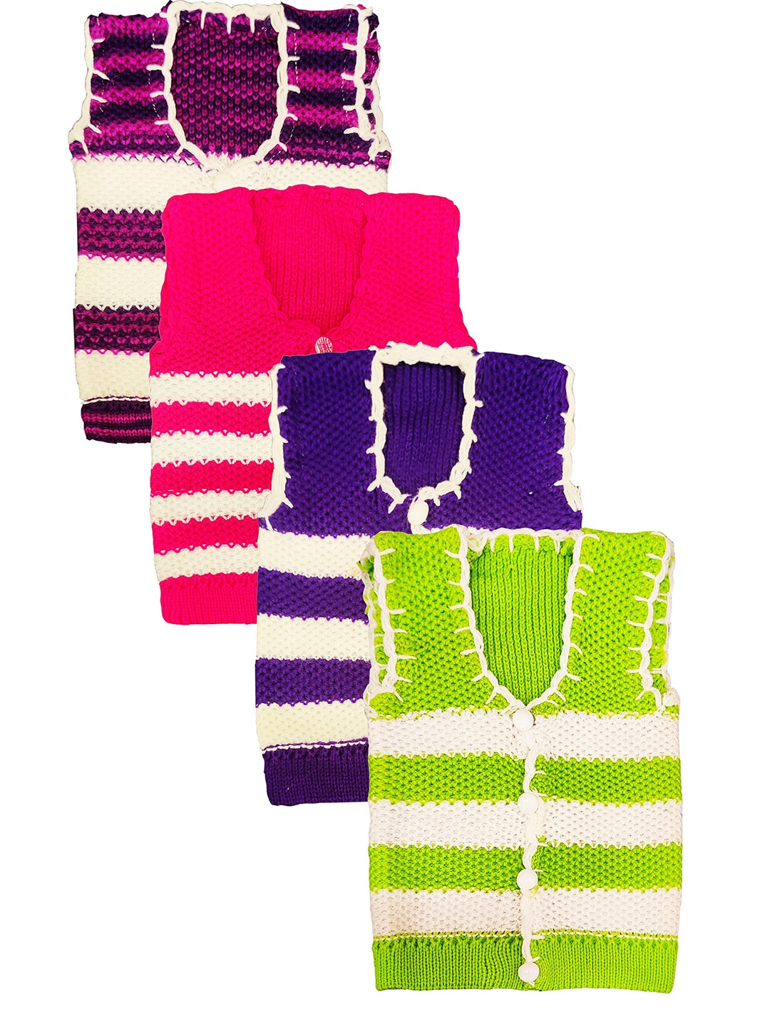 

KIFAYATI BAZAR Infants Pack Of 4 Striped Sleeveless Button Detail Woollen Crop Cardigan, Green