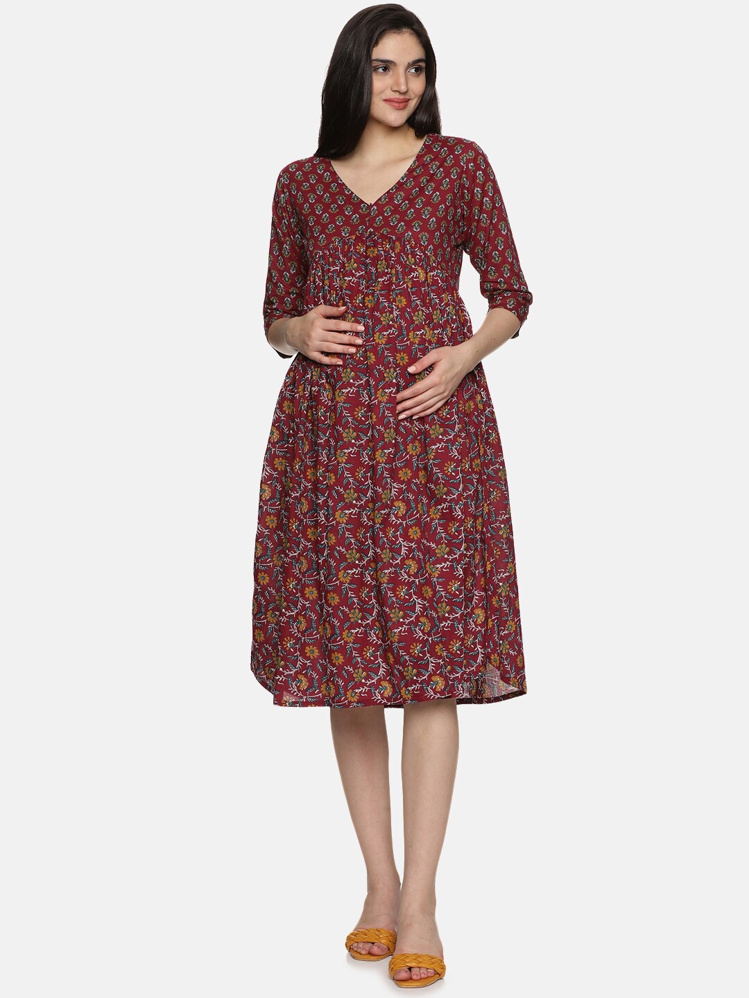 

CHARISMOMIC Floral Printed V-Neck Gathered Maternity Empire Dress, Maroon