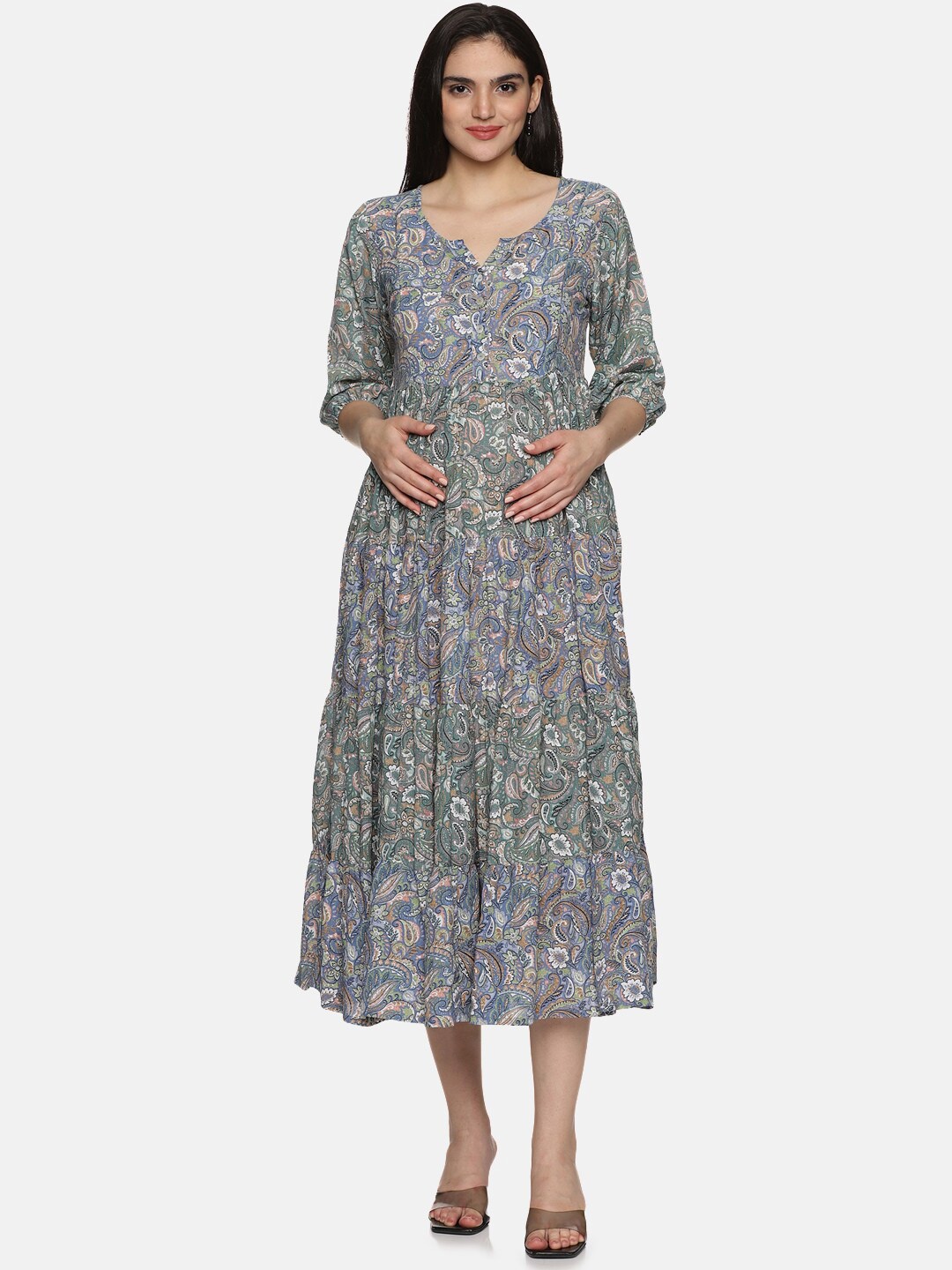 

CHARISMOMIC Ethnic Printed Gathered Georgette Maternity Fit & Flare Midi Dress, Blue