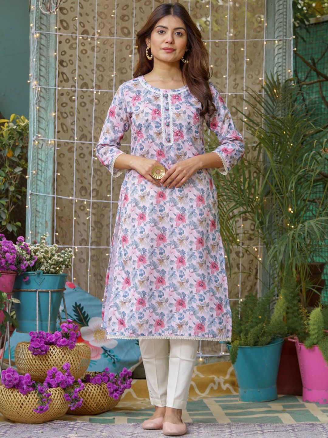 

Ishin Floral Printed Linen Straight Kurta, White