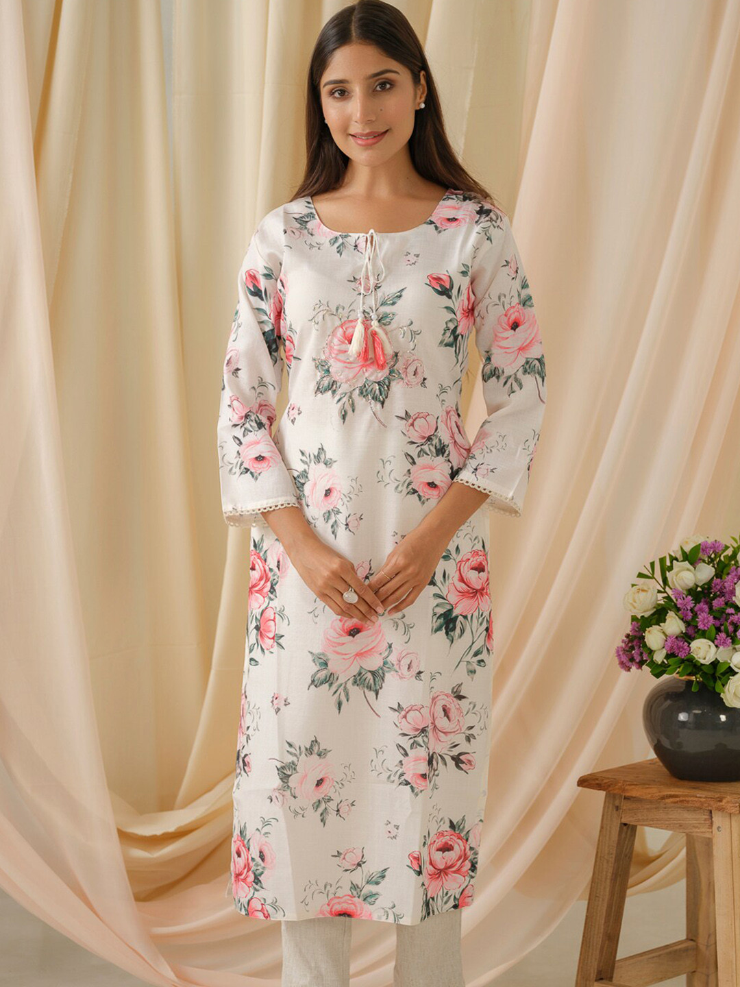 

Ishin Floral Printed Tie-Up Neck Linen Straight Kurta, White