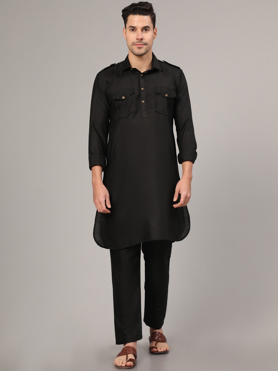 

Nimidiya Shirt Collar Pure Cotton Pathani Kurta With Pyjamas, Black