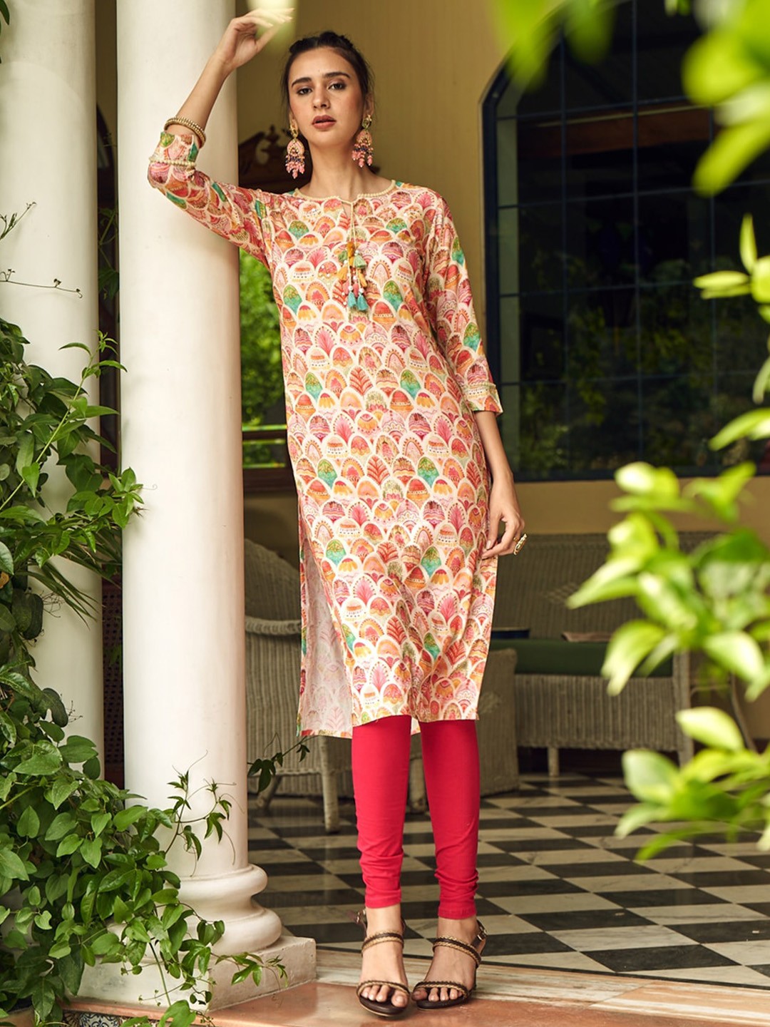 

Anubhutee Women Ethnic Motifs Printed Tie-Up Neck Straight Kurta, Cream