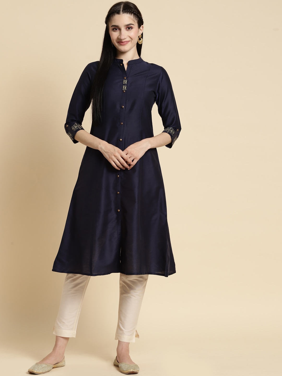 

Rangita Mandarin Collar A-Line Kurta, Navy blue