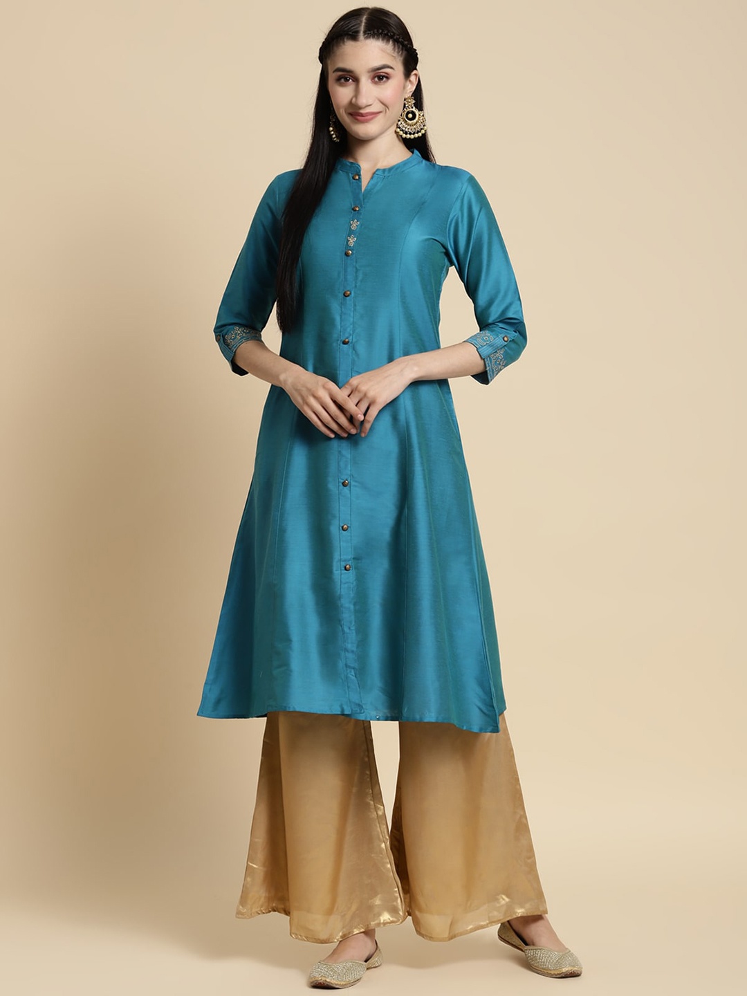 

Rangita Mandarin collar A Line Kurta, Teal