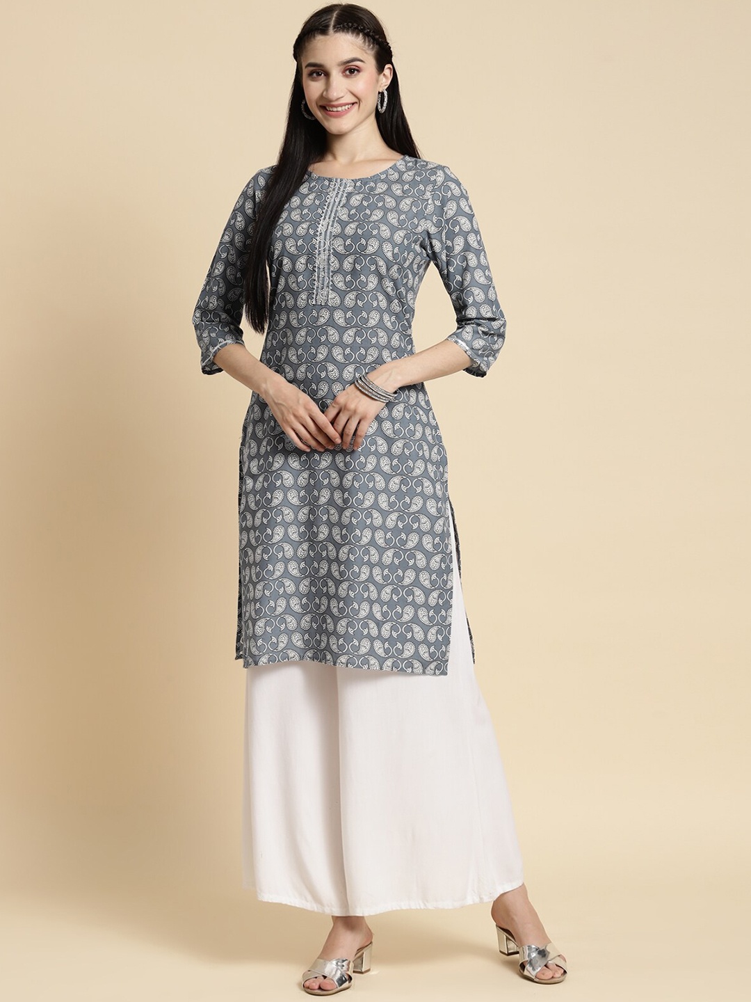 

Rangita Ethnic Motifs Printed Pure Cotton Kurta, Grey