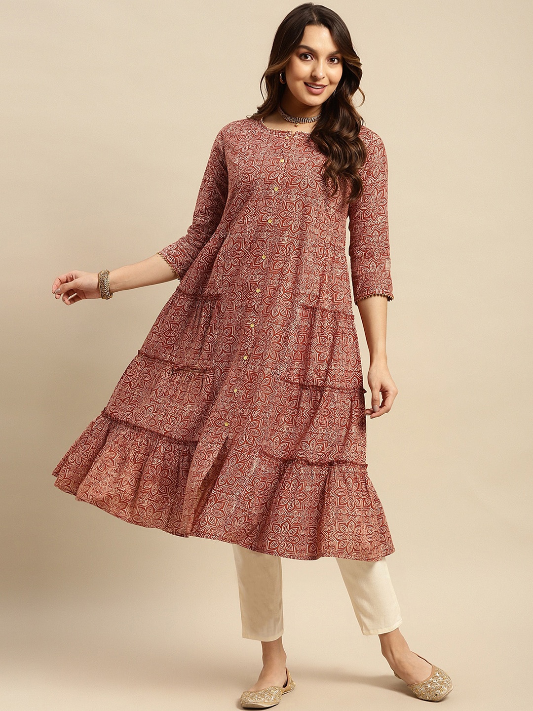 

Rangita Ethnic Motifs Printed Gotta Patti Detail Pure Cotton Kurta, Rust
