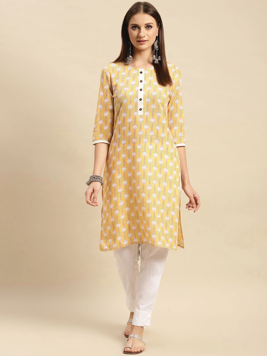 

Rangita Floral Printed Pure Cotton Straight Kurta, Yellow