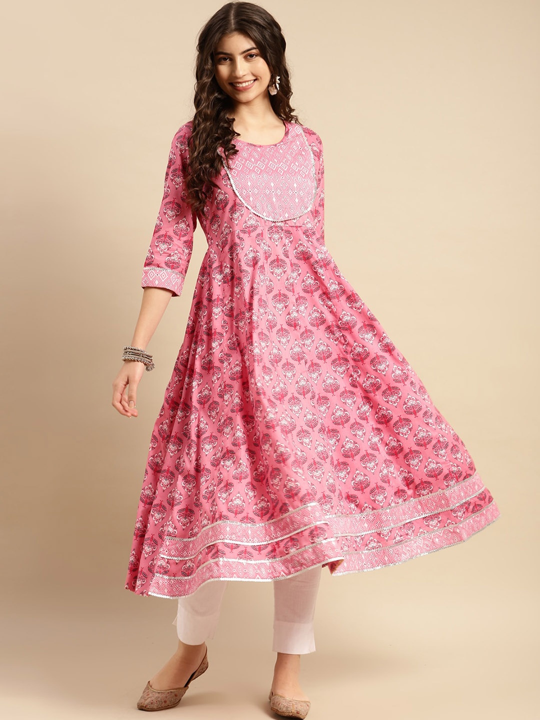 

Rangita Ethnic Motifs Printed Sequinned Pure Cotton Anarkali Kurta, Pink