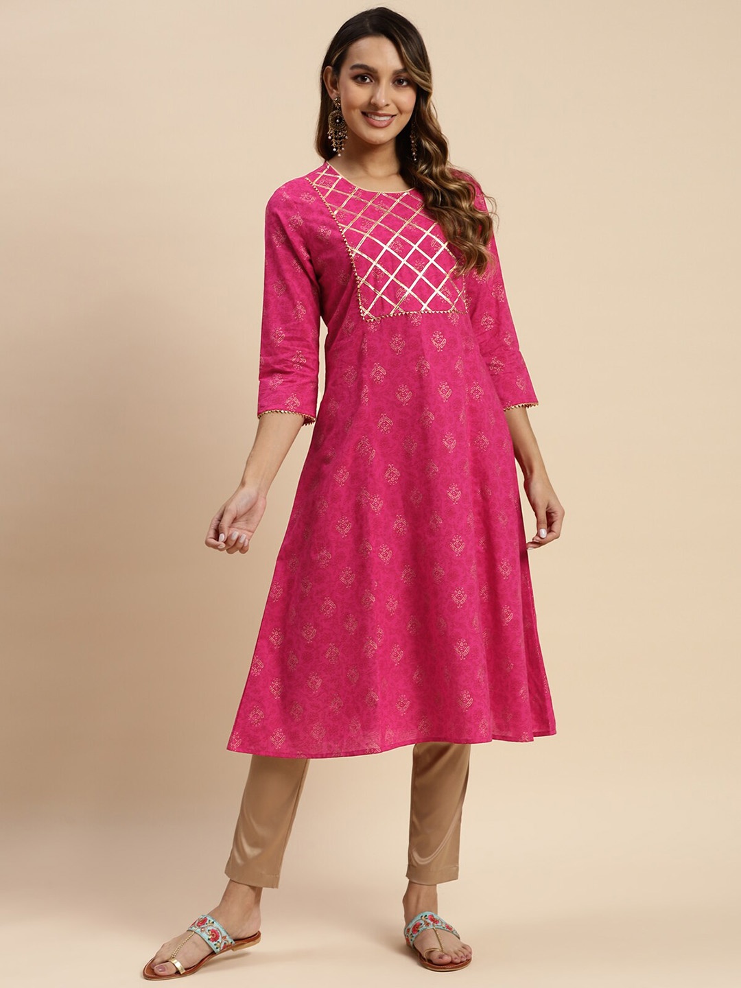

Rangita Floral Printed Gotta Patti Pure Cotton A-Line Kurta, Pink