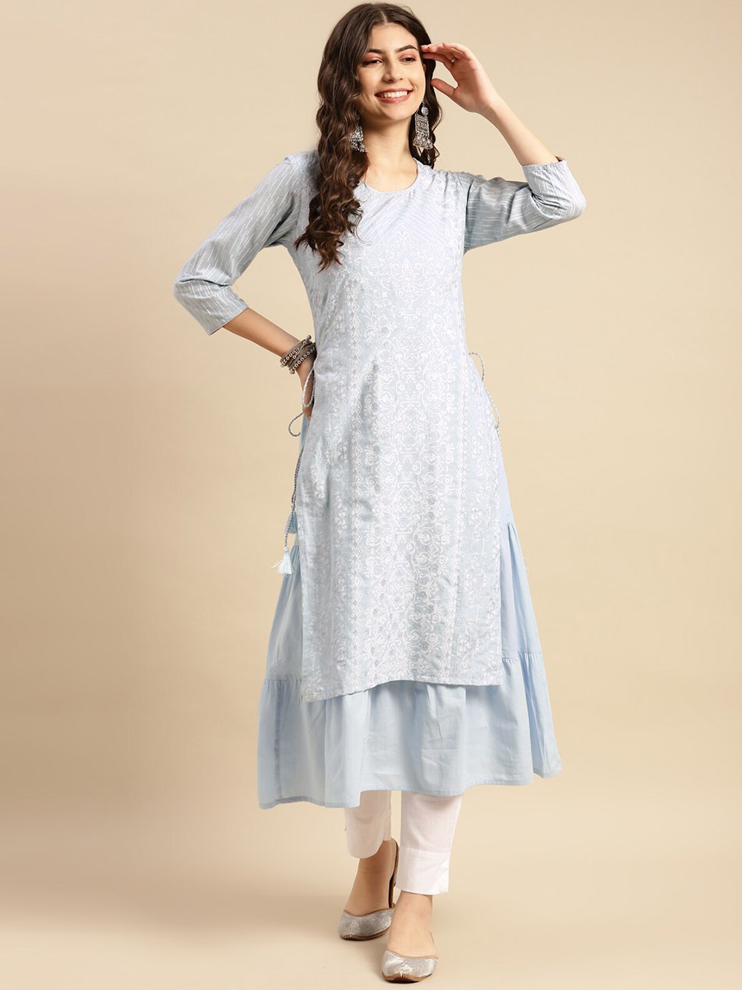 

Rangita Floral Printed Layered Pure Cotton Kurta, Blue