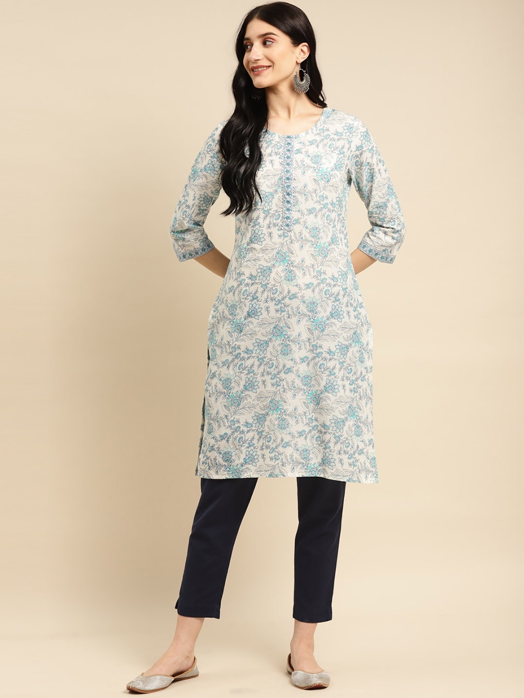

Rangita Floral Printed Pure Cotton Kurta, Off white