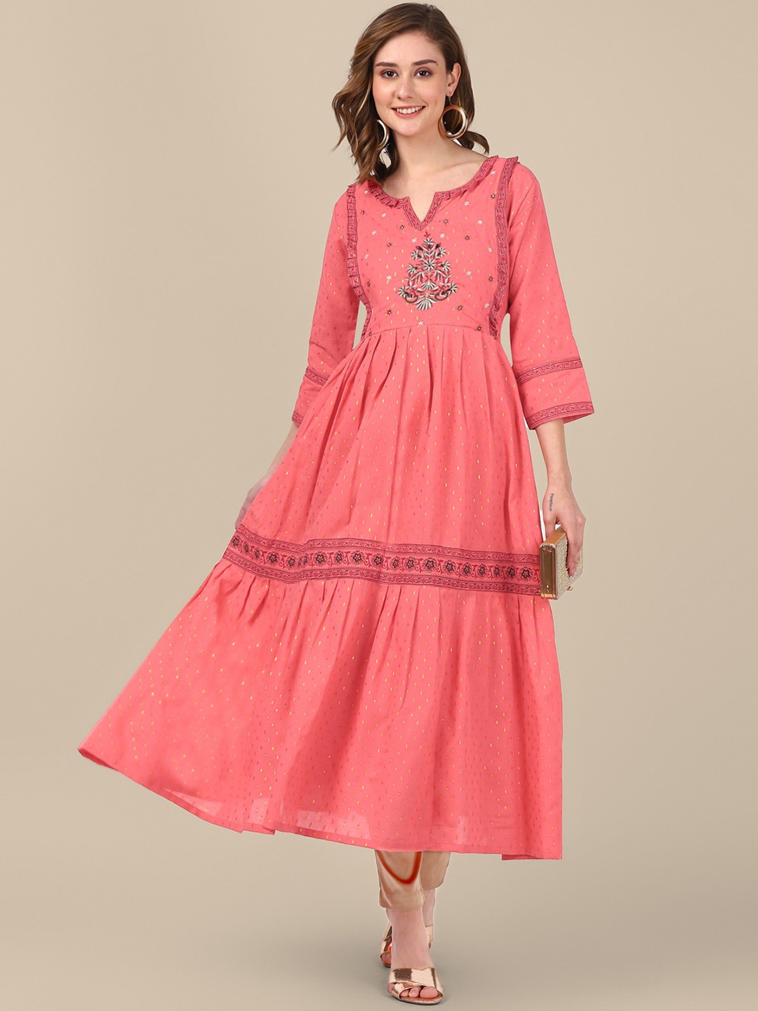 

Rangita Embroidered Pure Cotton Tiered A-Line Kurta, Coral