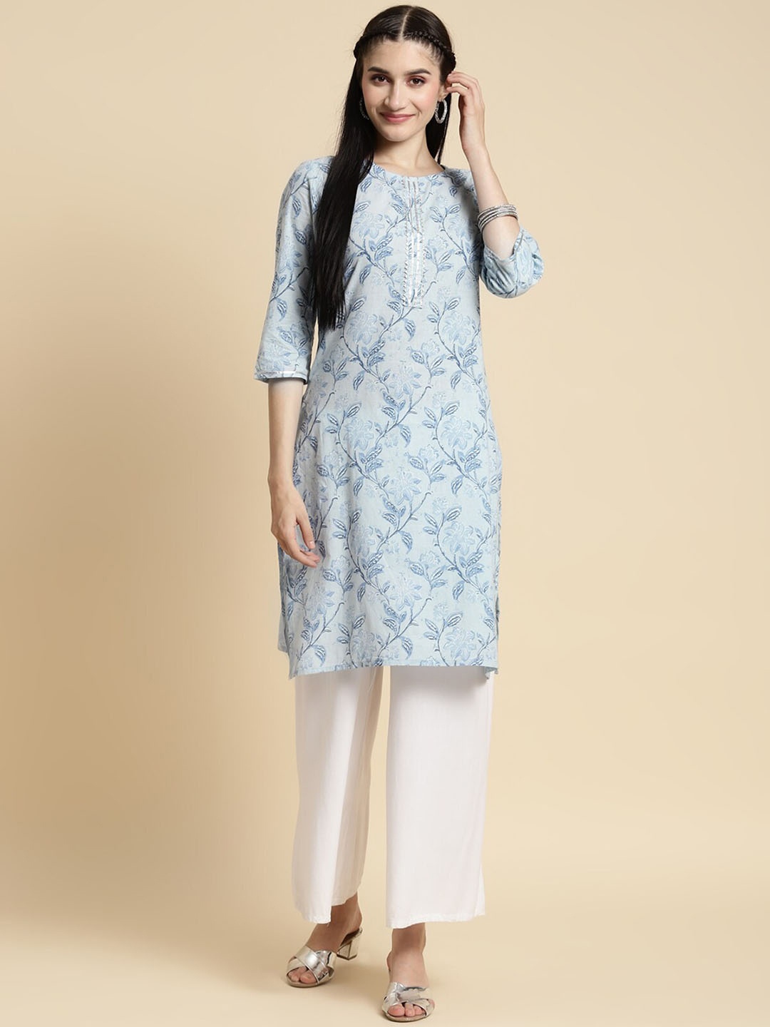 

Rangita Floral Printed Pure Cotton Straight Kurta, Blue
