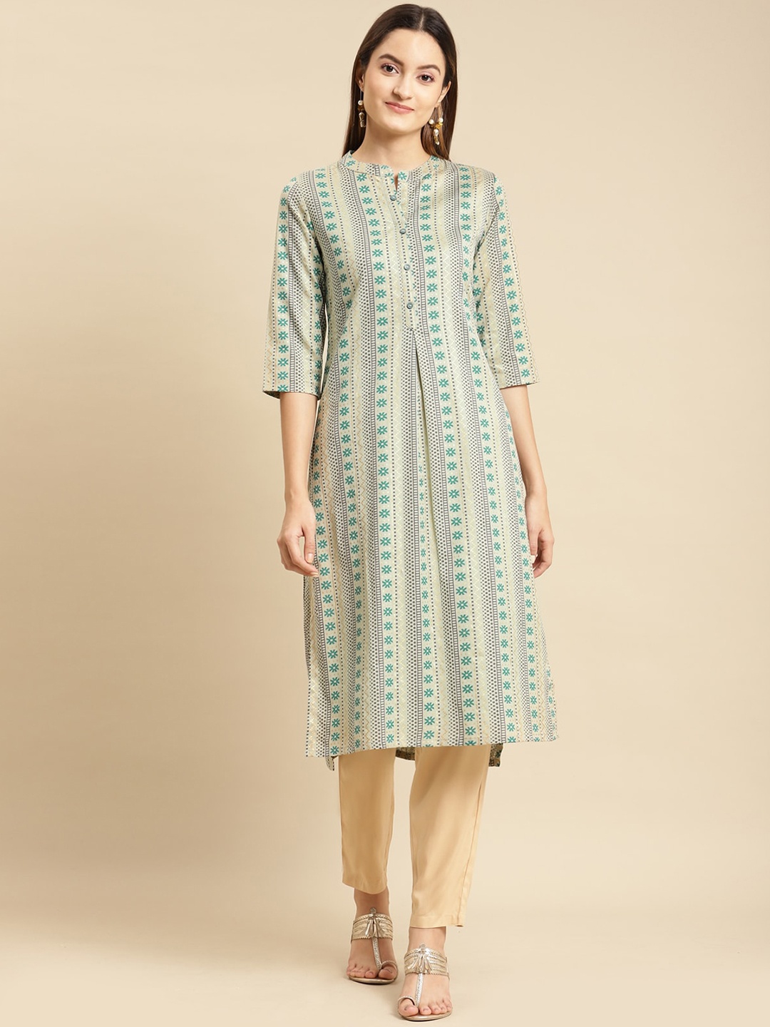 

Rangita Geometric Printed Mandarin Collar Cotton Linen Kurta, Green