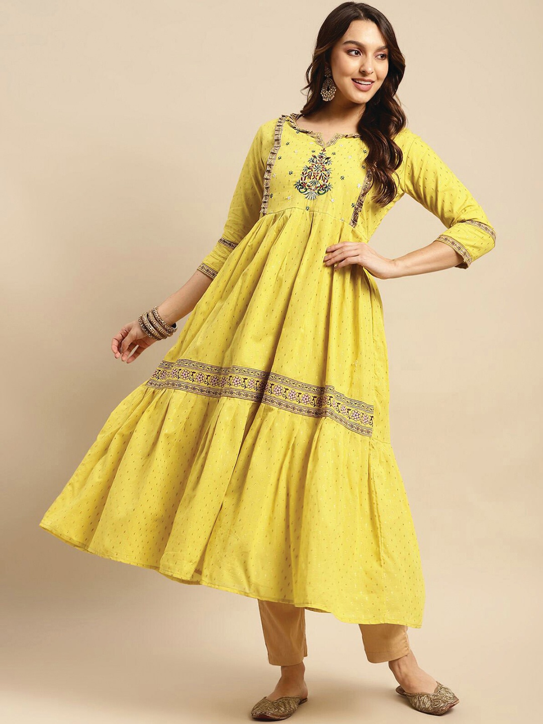 

Rangita Ethnic Motifs Yoke Design Pure Cotton Anarkali Kurta, Lime green