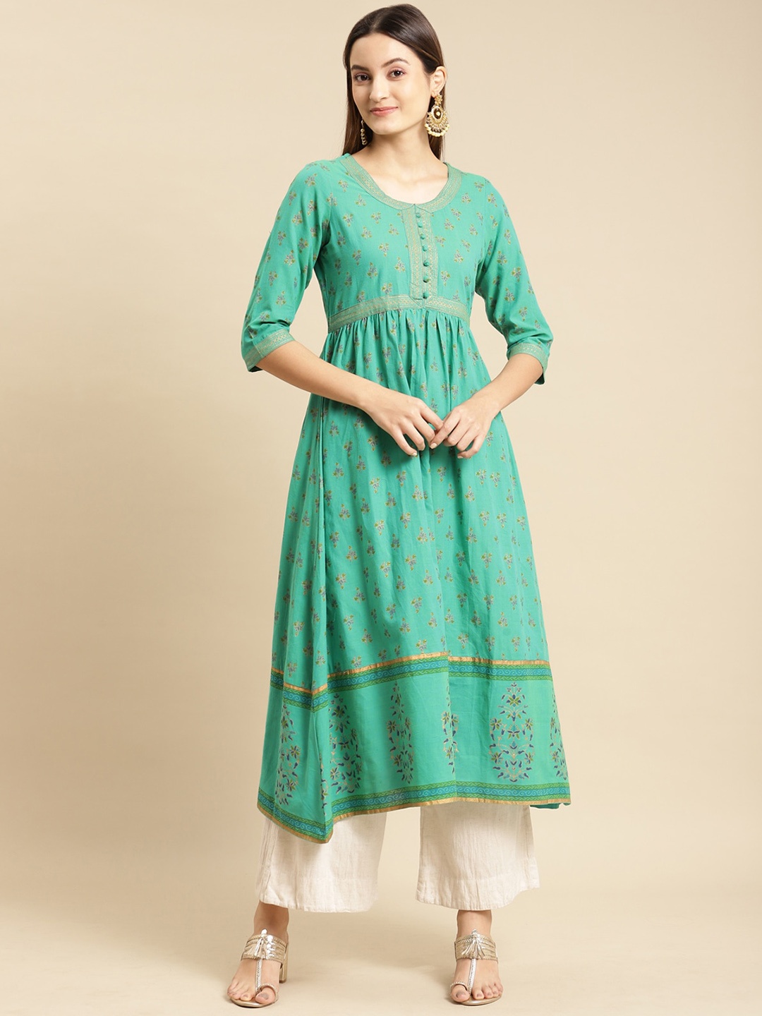 

Rangita Ethnic Motifs Printed Thread Work Pure Cotton Anarkali Kurta, Teal