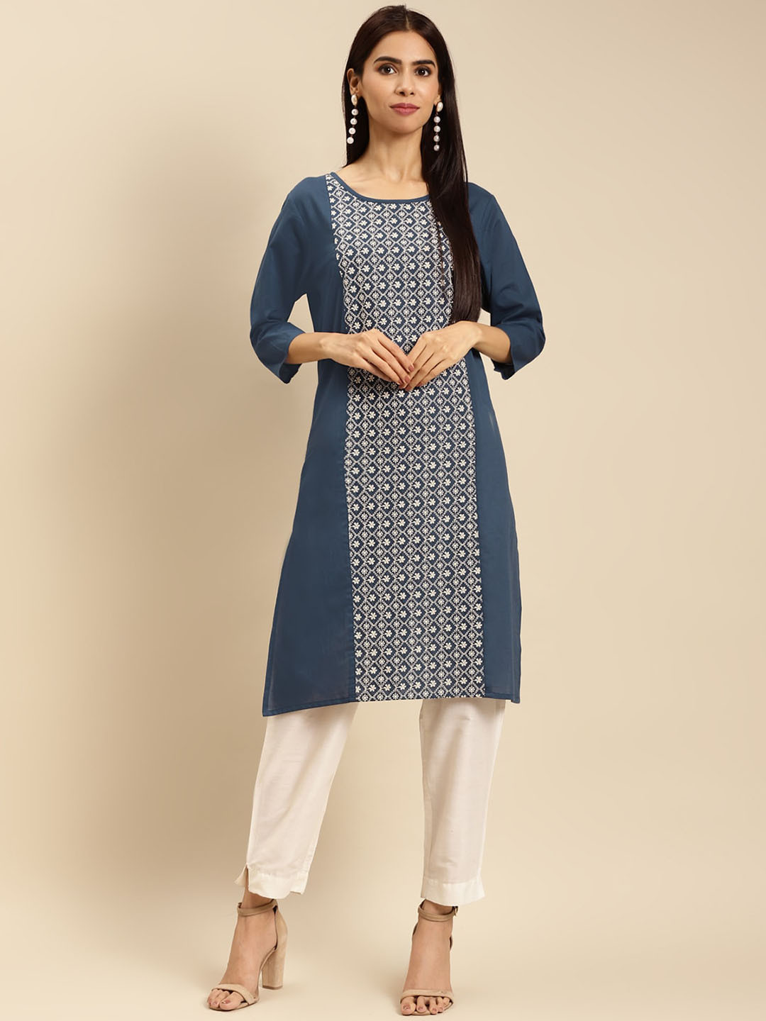 

Rangita Ethnic Motifs Embroidered Thread Work Pure Cotton Kurta, Navy blue
