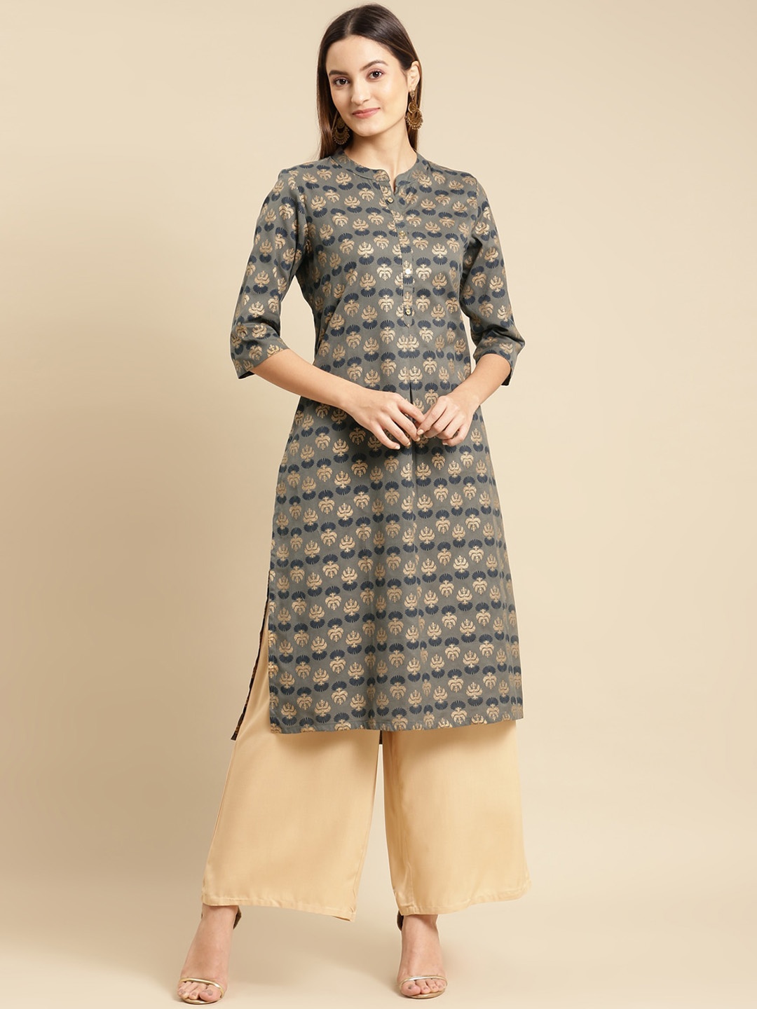 

Rangita Ethnic Motifs Printed Mandarin Collar Kurta, Grey