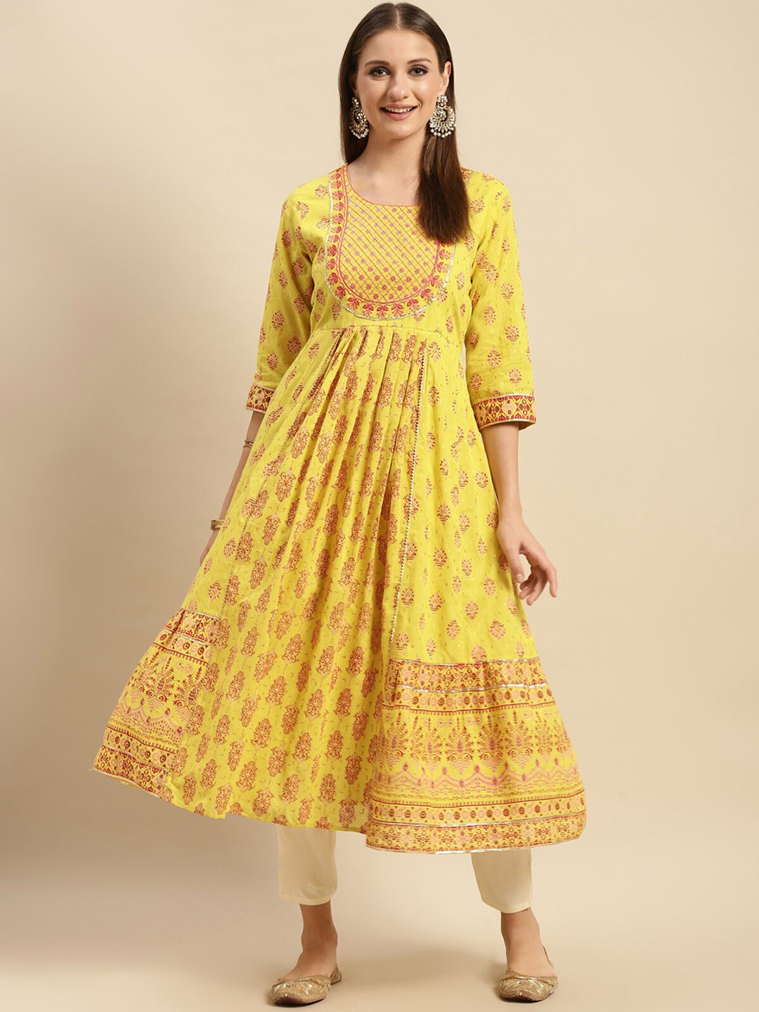 

Rangita Ethnic Motifs Printed Thread Work Anarkali Kurta, Yellow