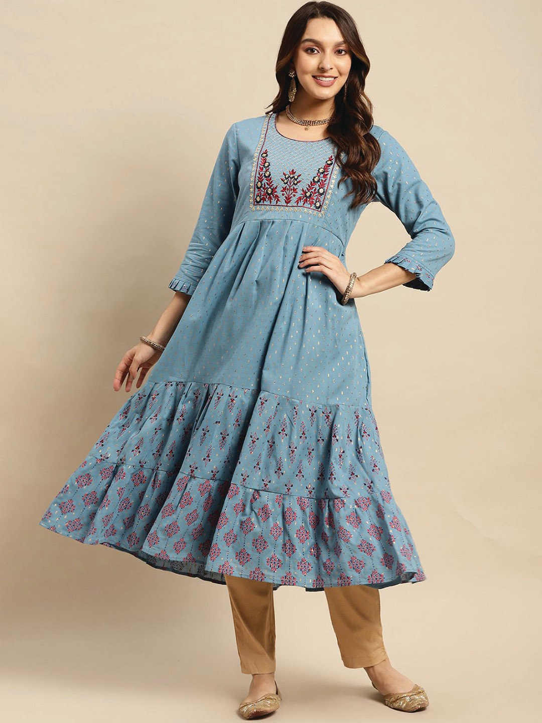 

Rangita Women Embroidered Pure Cotton Tiered Anarkali Kurta, Blue