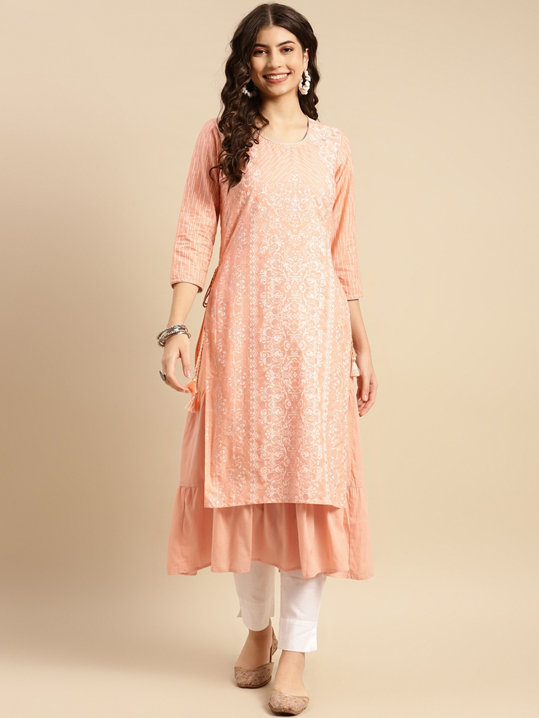 

Rangita Women Ethnic Motifs Printed Pure Cotton Layered Kurta, Peach