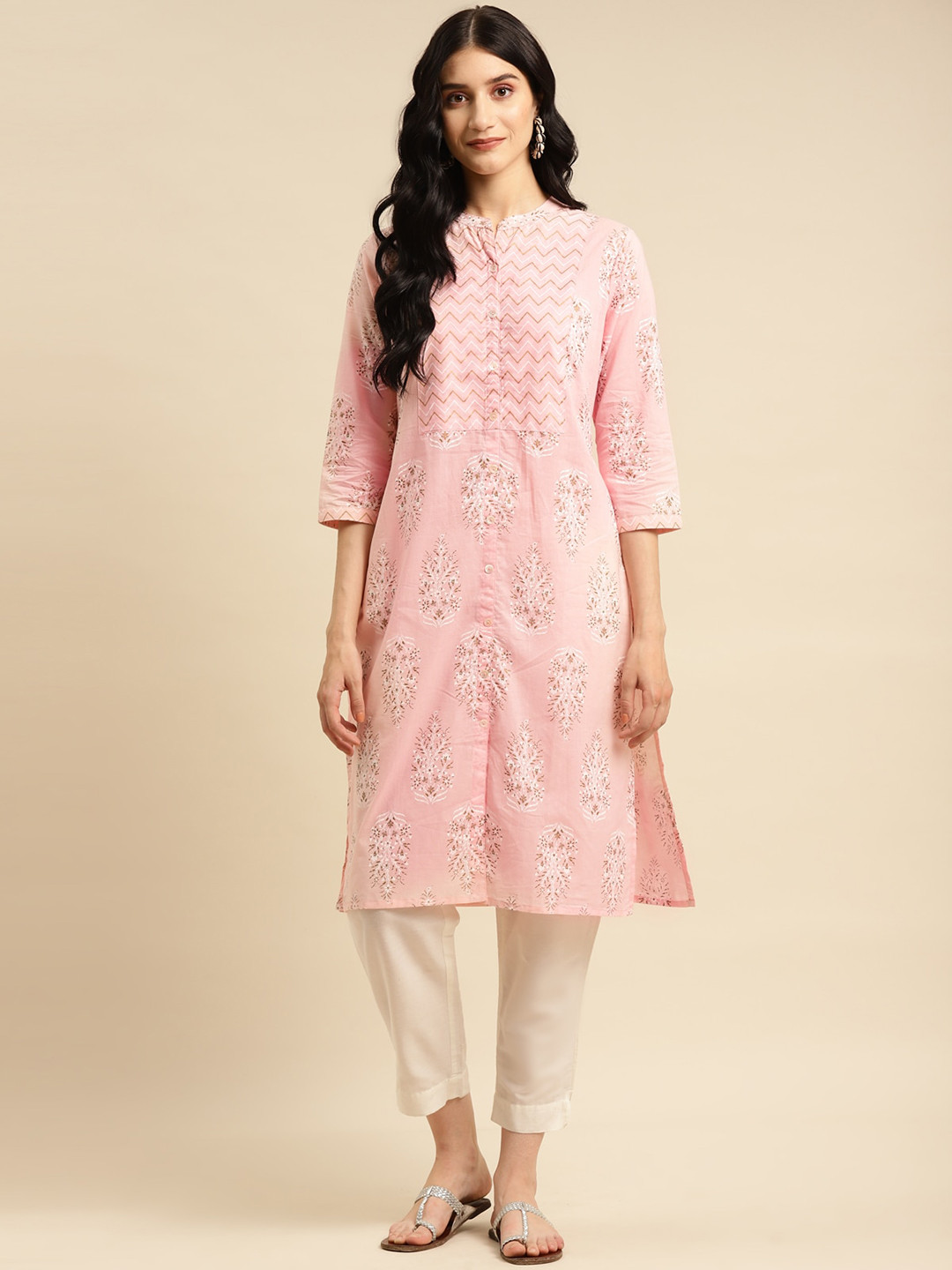 

Rangita Floral Printed Mandarin Collra Pure Cotton Kurta, Pink
