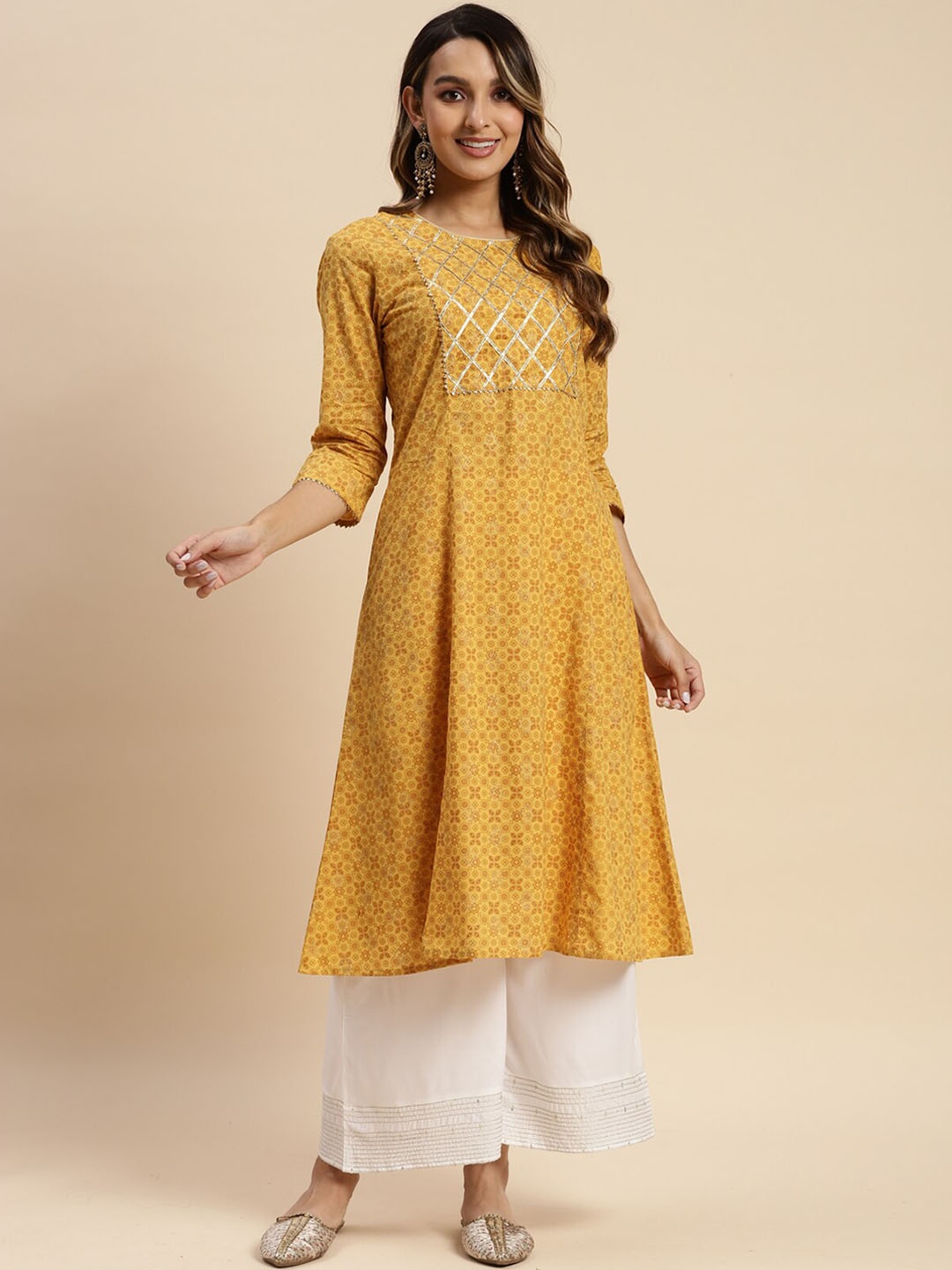 

Rangita Ethnic Motif Printed Gotta Patti Pure Cotton A-Line Kurta, Yellow