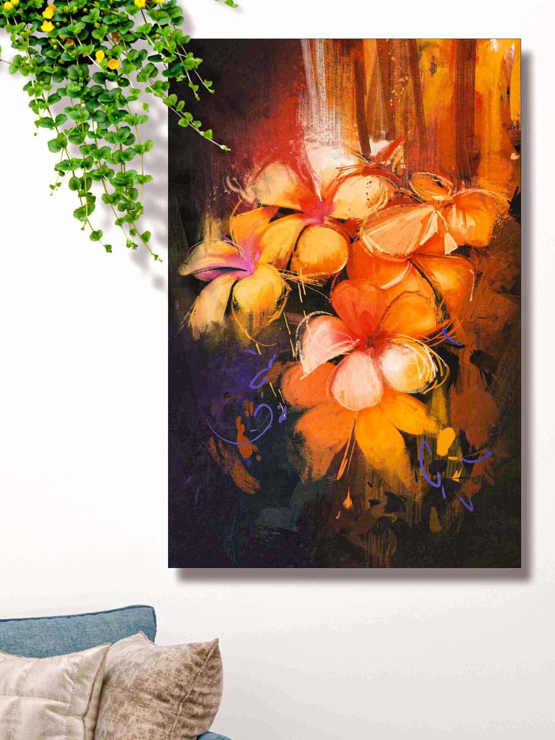 

SAF Orange Colored & Black Flower Printed Canvas Wall Art