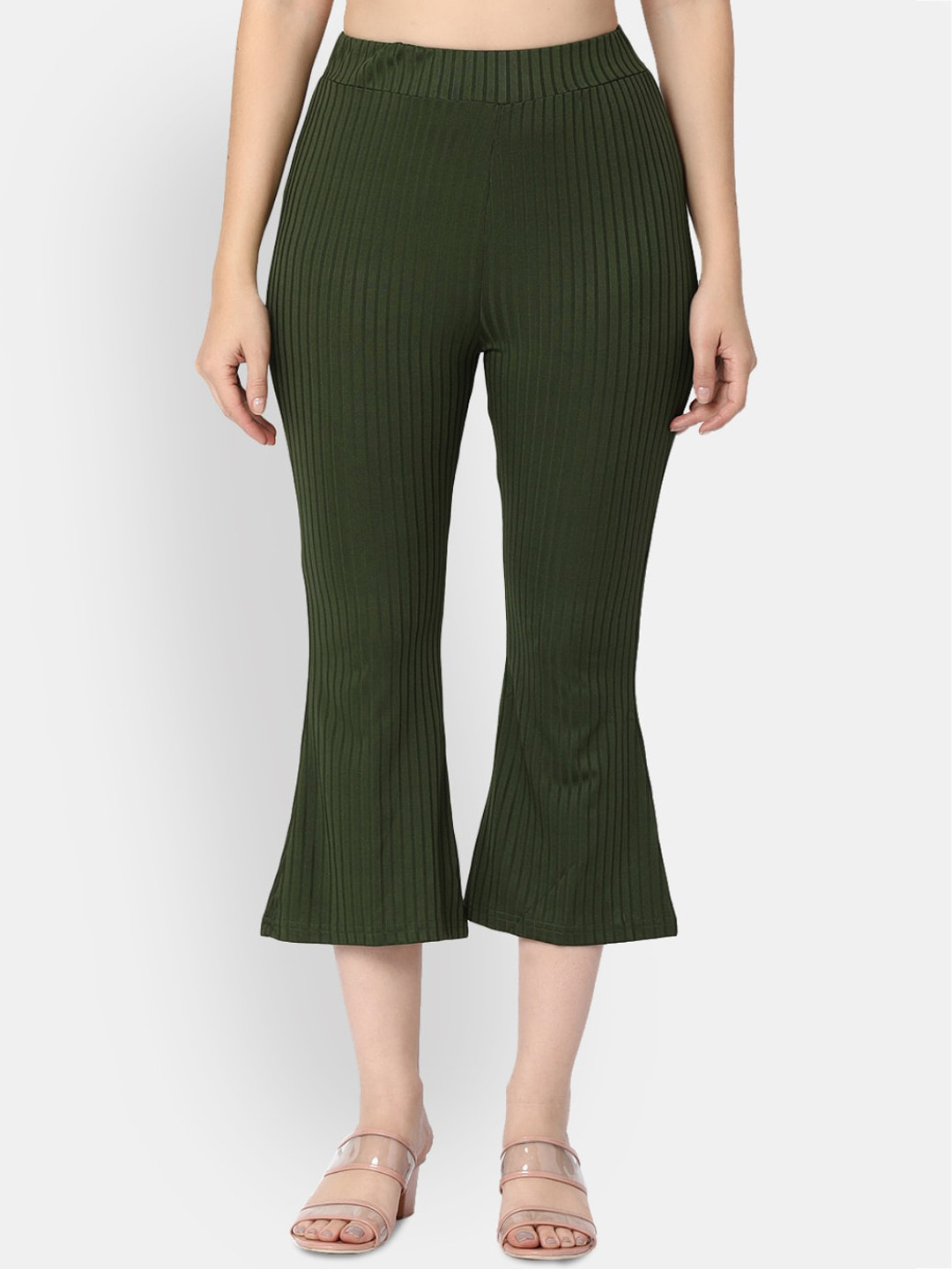 

V-Mart Women Self Design Cotton Bootcut Trousers, Olive