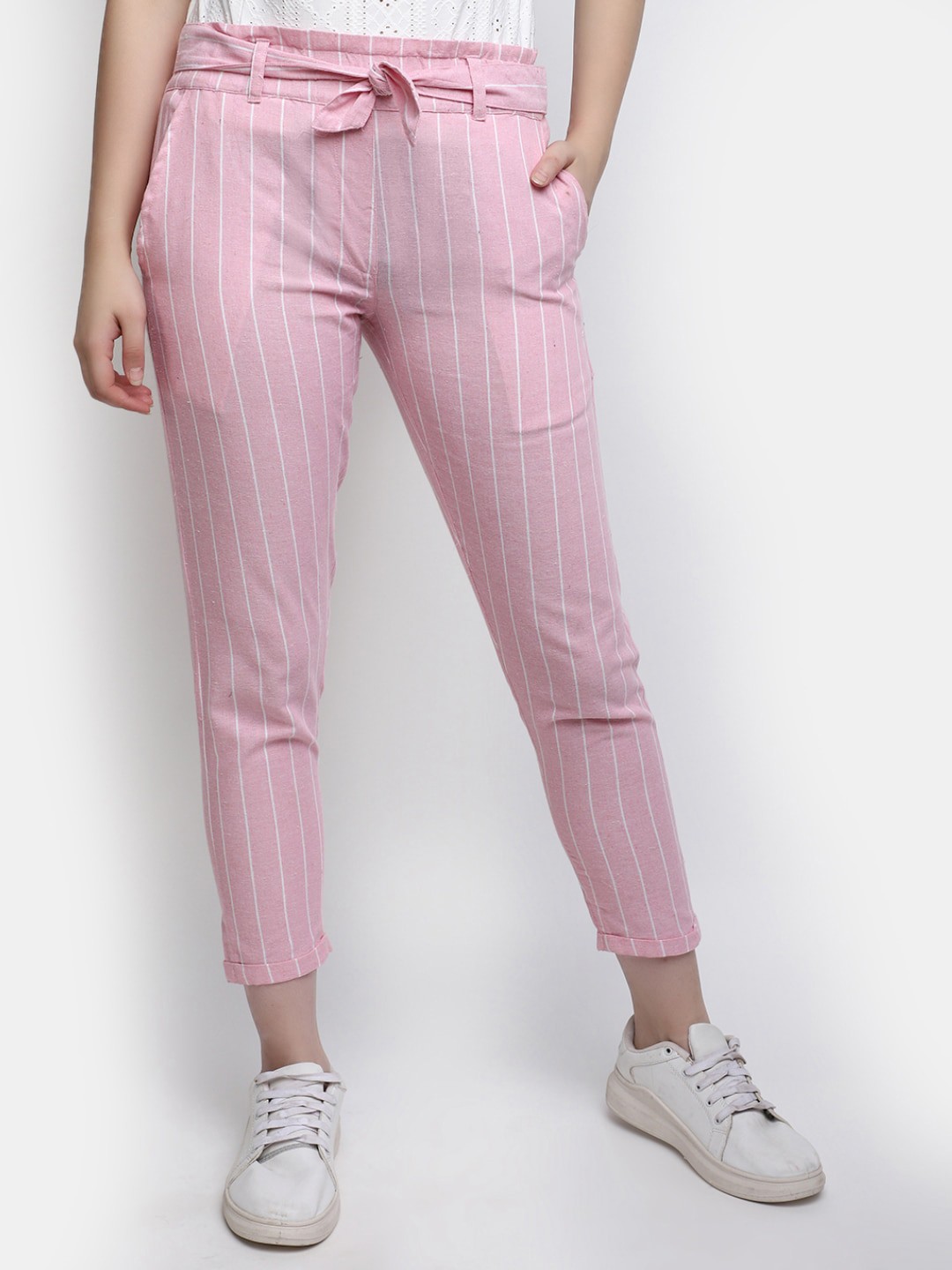 

V-Mart Women Striped Regular Fit Mid-Rise Trousers, Pink