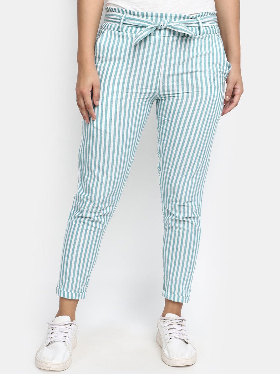 

V-Mart Women Green Striped Regular Fit Mid-Rise Trousers