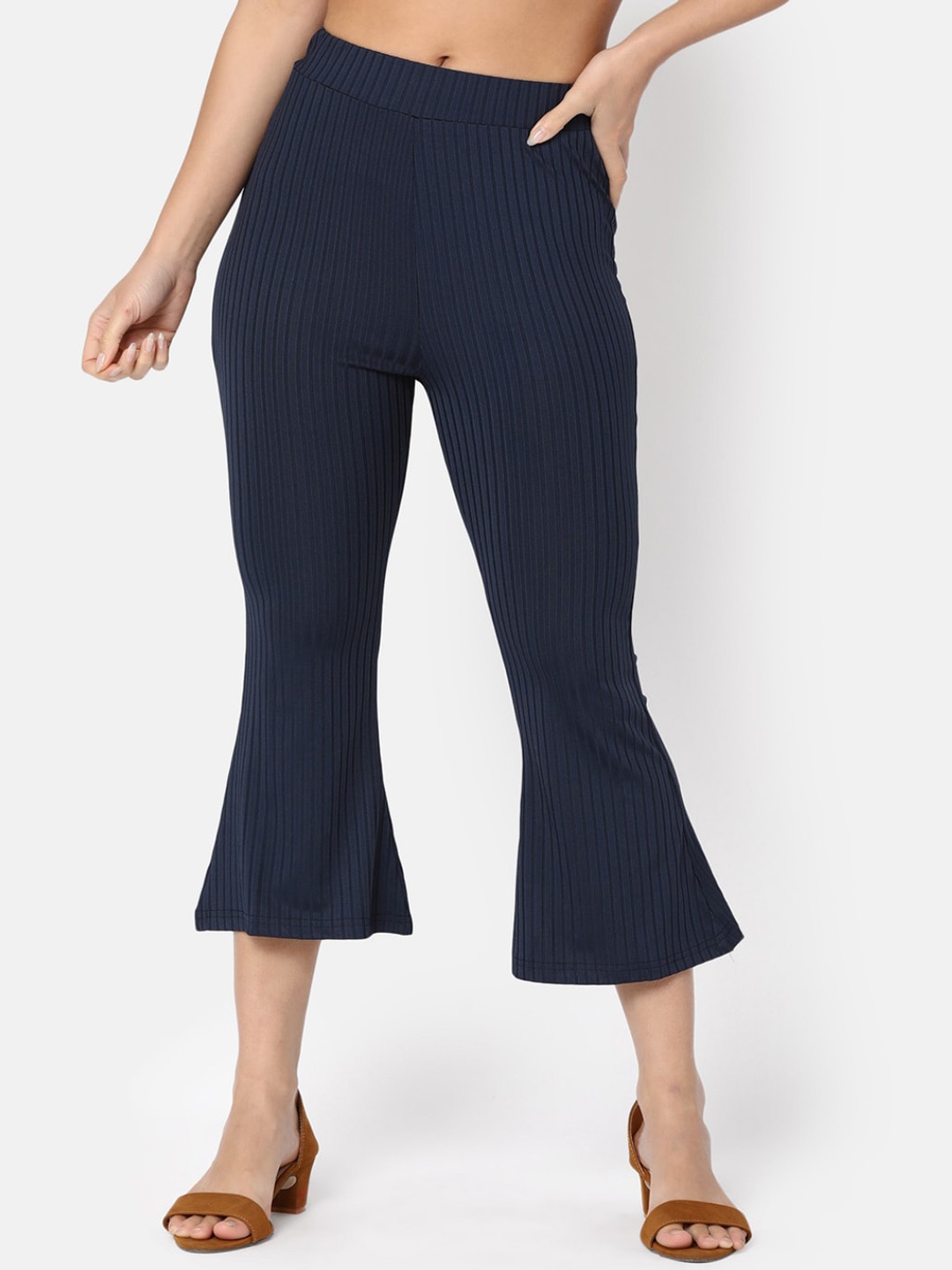 

V-Mart Women Striped Self Design Slim Fit Bootcut Trousers, Blue