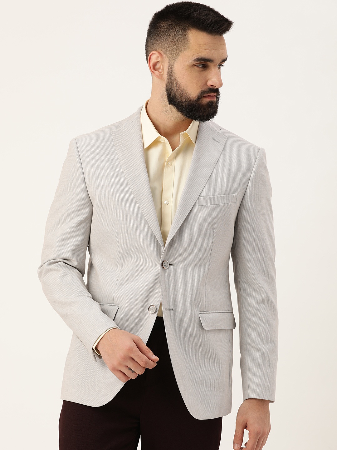 

Peter England Self Design Textured Neo Slim-Fit Single-Breasted Formal Blazer, Grey