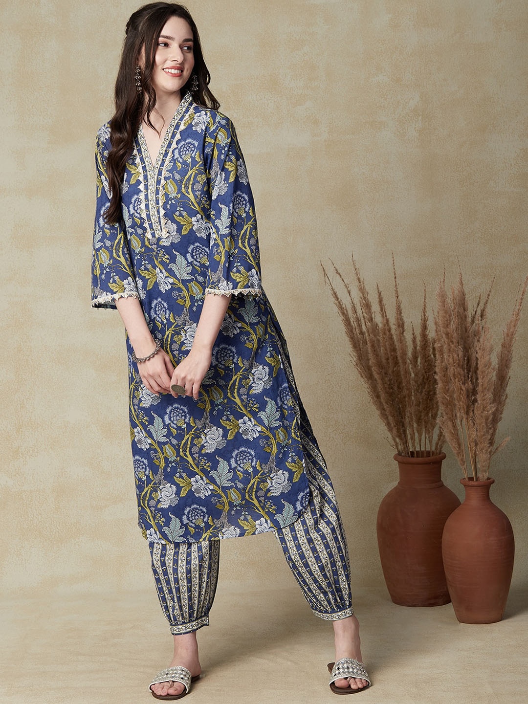 FASHOR Floral Printed Thread Work Pure Cotton Kurta with Salwar, Blue