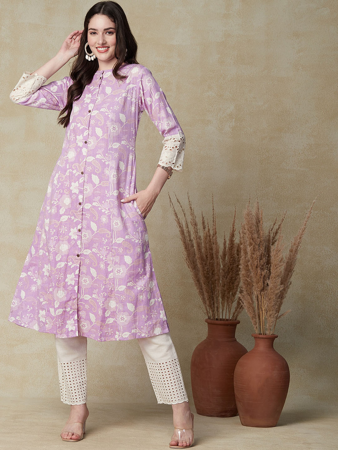 

FASHOR Printed Flared Sleeves Sequinned Kurta, Purple