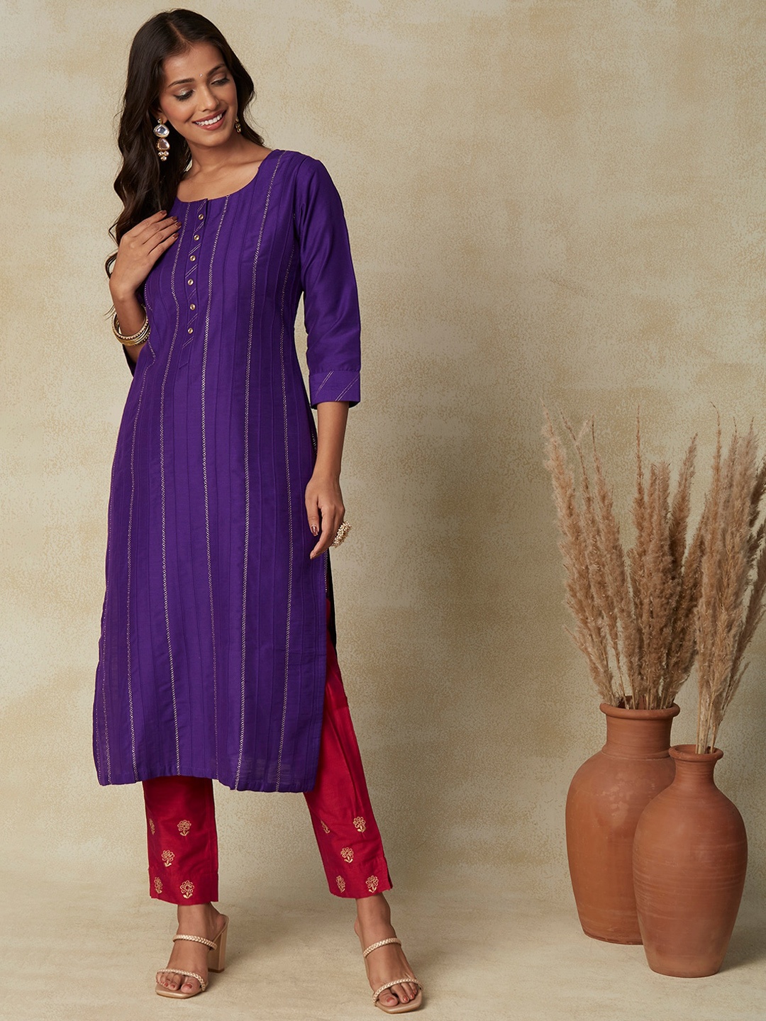 

FASHOR Embroidered Thread Work Kurta, Purple