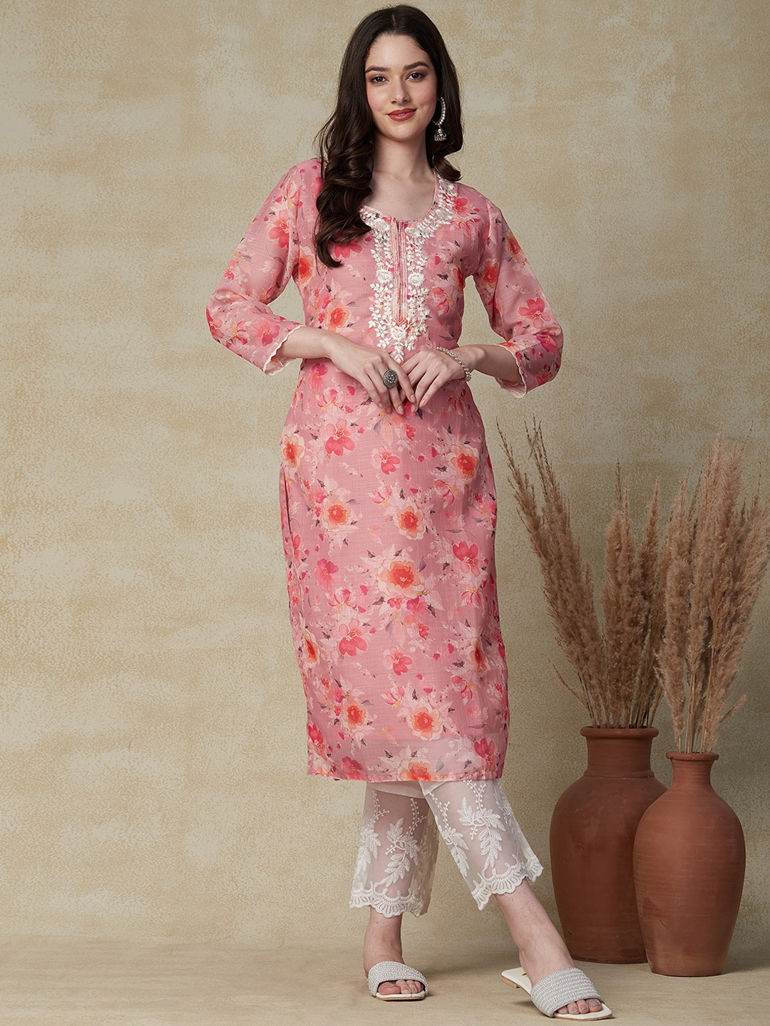 

FASHOR Floral Printed Straight Kurta, Peach