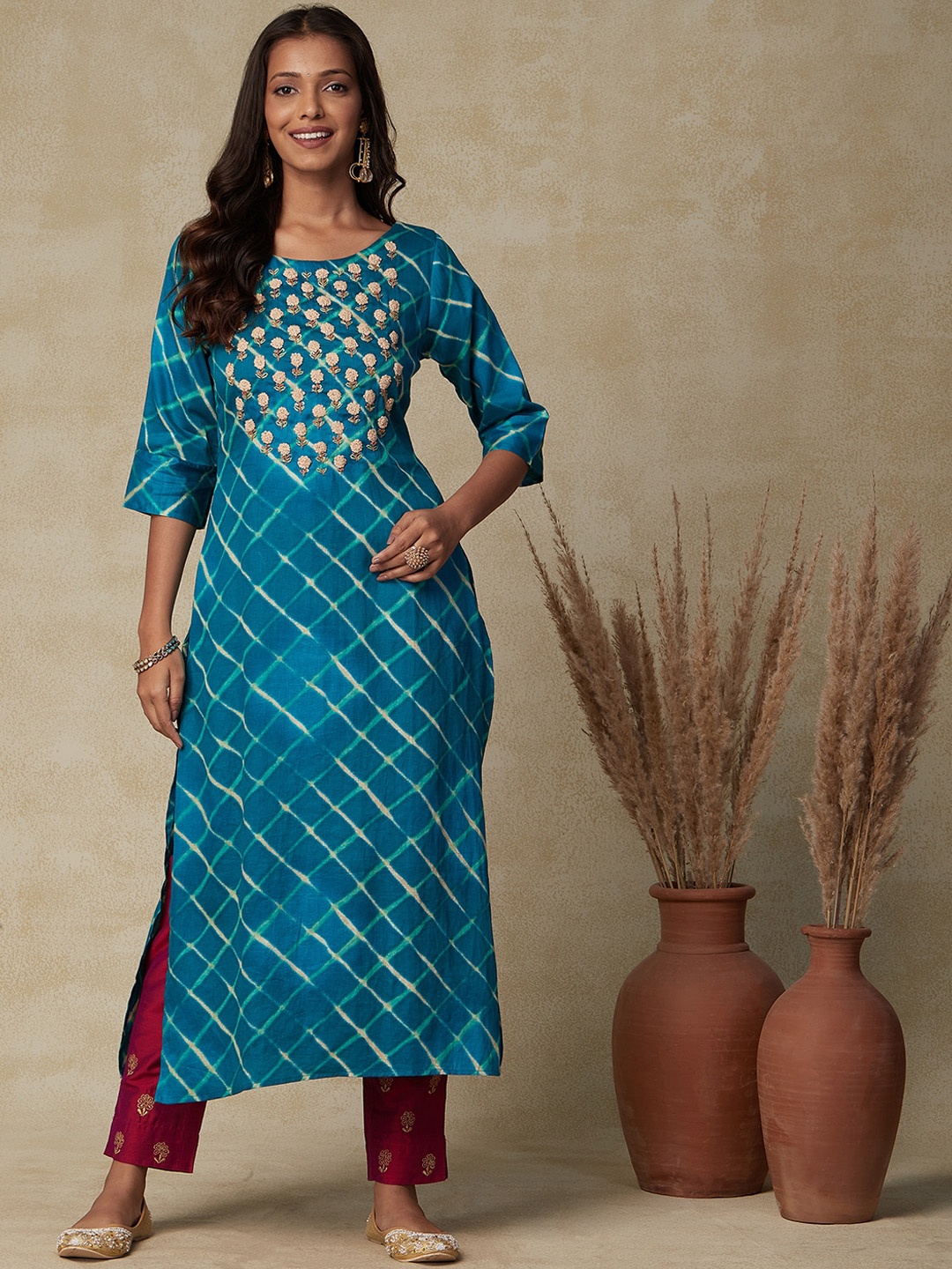 

FASHOR Geometric Printed Straight Pure Cotton Kurta, Blue