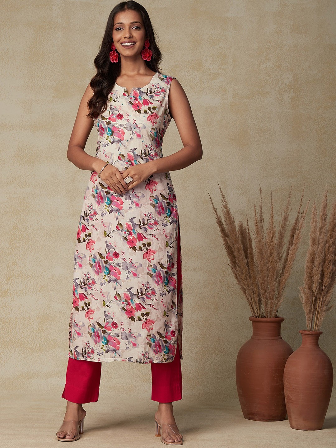 

FASHOR Floral Printed Sleeveless Cotton Kurta, Pink